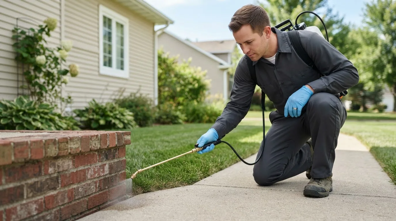 Pest control technician treating a home near Veteran, WY