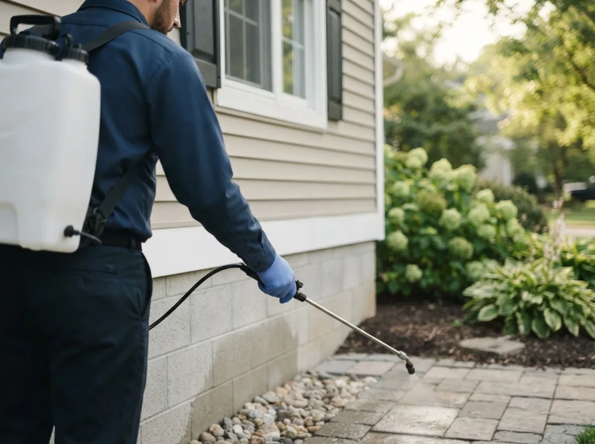 Pest control technician inspecting a home in Veteran, WY